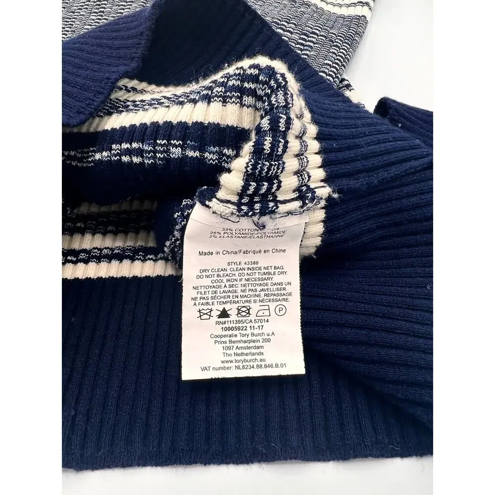 Tory Burch Womens Striped Turtleneck Sweater White Navy Blue Size S/P Small